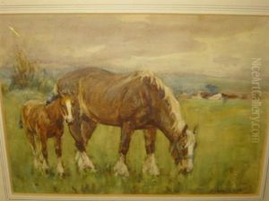 Mare And Foal Grazing by James William Booth
