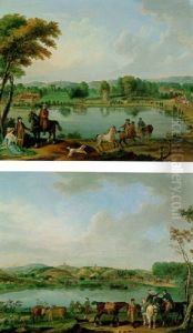 A River Landscape With An Elegant Couple And Men On Horseback, A Town Beyond by Pierre-Jean Boquet