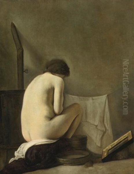 Seated Nude Bathing By A Stove - view 1