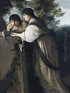 A Woman And A Boy Making An Offering At A Pagan Altar