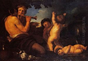Satyre Et Putti Dans Un Paysage by Paulus Bor