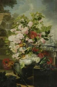 Stillleben Mit Rosen, Nelken, Hortensien Und Lilien In Parklandschaft