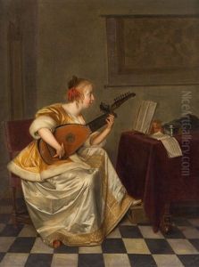 A Young Lady Playing A Lute by Gerard ter Borch the Elder