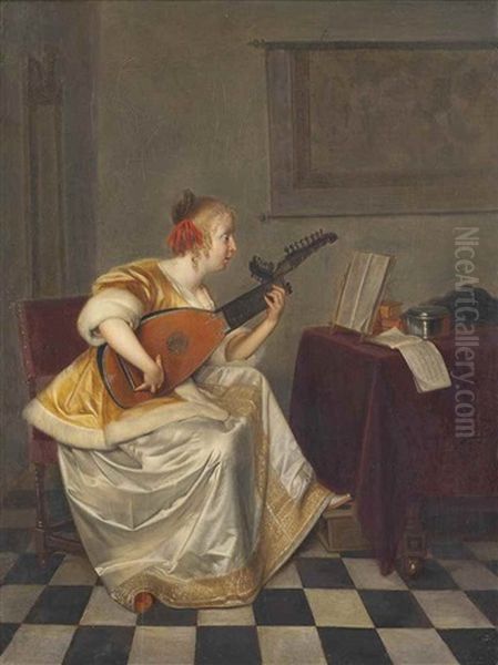 A Young Lady Playing A Lute In An Interior - view 1