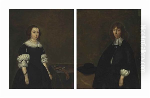 Portrait Of A Lady, Said To Be Jenneken Ter Borch, Three-quarter-length, In A Black Dress, Standing By A Table; And Portrait Of Of A Man, Said To Be Sybrand Schellinger (before 1640-1686), Three-quarter-length, In A Black Costume, A Hat By His Side - view 1