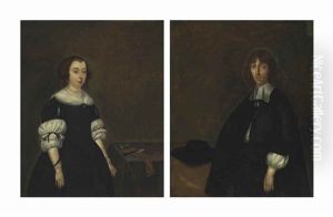 Portrait Of A Lady, Said To Be Jenneken Ter Borch, Three-quarter-length, In A Black Dress, Standing By A Table; And Portrait Of Of A Man, Said To Be Sybrand Schellinger (before 1640-1686), Three-quarter-length, In A Black Costume, A Hat By His Side by Gerard ter Borch the Elder