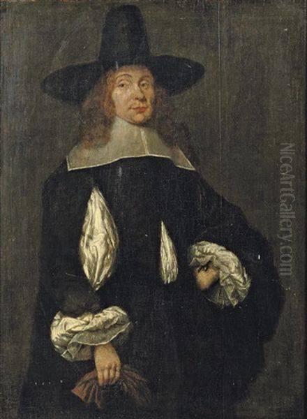 Portrait Of A Gentleman In A Black Costume And Hat, Holding Gloves - view 1