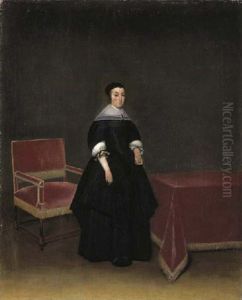 Portrait Of Hermanna Van Der Cruis In A Black Dress By A Table by Gerard ter Borch the Elder