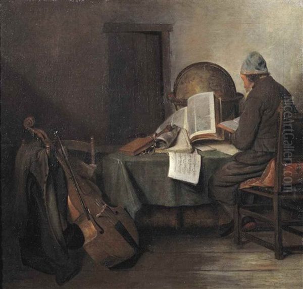 A Scholar In His Study, Seated At A Table Reading A Book - view 1