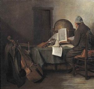 A Scholar In His Study, Seated At A Table Reading A Book by Gerard Ter Borch
