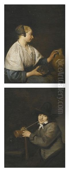 Portrait Of A Woman In Profile, Holding A Jug; Portrait Of A Man Smoking (pair) - view 1