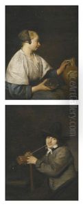 Portrait Of A Woman In Profile, Holding A Jug; Portrait Of A Man Smoking (pair)