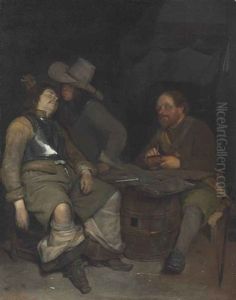A Guardroom Interior With A Soldier Blowing Smoke In The Face Of His Sleeping Companion by Gerard Ter Borch