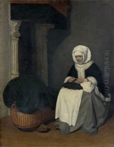 Jeune Femme A Son Ouvrage Dans Un Interieur by Gerard Ter Borch