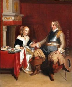 A Young Woman Is Offering A Cavalier A Glass Of Wine by Gerard Ter Borch