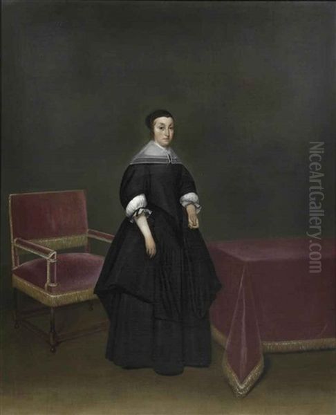 Portrait Of Hermanna Van Der Cruysse In A Black Dress With A White Collar And Cuffs, Standing By A Table And A Chair - view 1