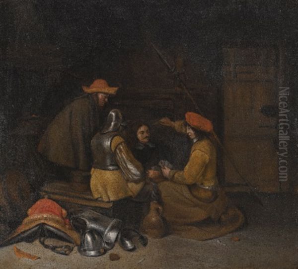 A Guardroom Interior With Four Figures Drinking And Playing Cards - view 1