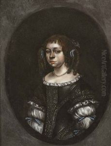 Portrait Of A Girl In A Dark Grey Dress With Blue Ribbons And A Pearl Necklace