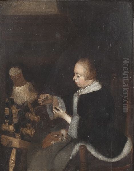 Fraulein Mit Hundchen Am Spinnrad - view 1
