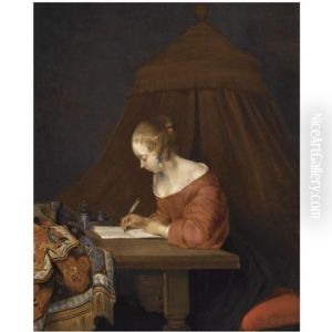 A Young Lady Writing At Her Desk by Gerard Ter Borch