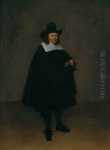 Ganzfiguriges Bildnis Eines Herrn, Der Handschuhe In Seiner Rechten Halt by Gerard Ter Borch