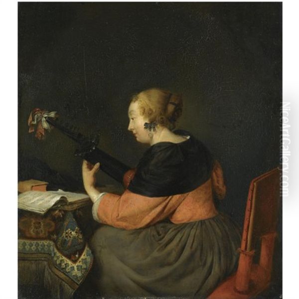 A Lady Seated At A Table Playing A Lute - view 1