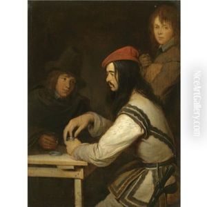 Three Men In A Tavern, One Taking Snuff by Gerard Ter Borch