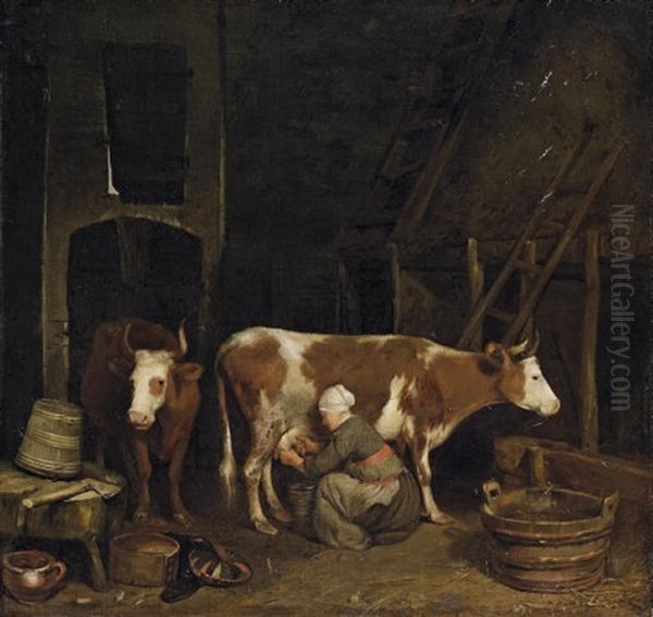 A Milkmaid Milking Cows In A Barn - view 1