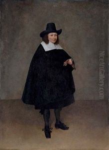 Portrait Of A Gentleman Wearing A Black Suit And Hat, With Gloves In His Right Hand
