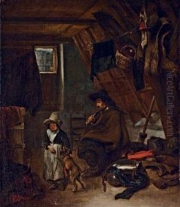 An Officer Smoking A Pipe And A Young Girl With A Dog In An Attic Room by Gerard Ter Borch