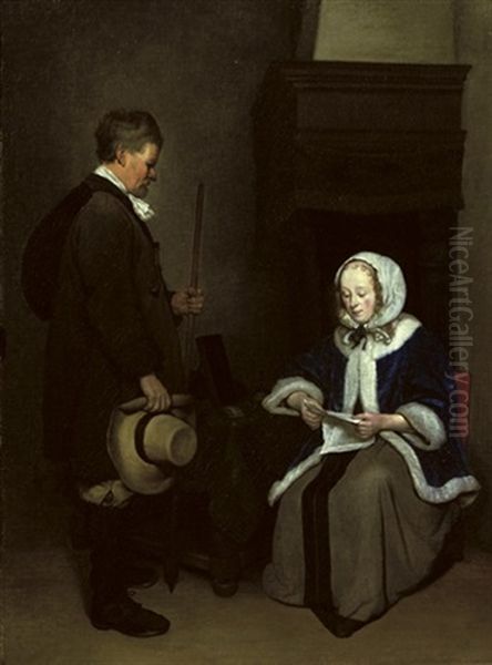 An Elegant Lady Reading A Letter With A Man Standing By - view 1
