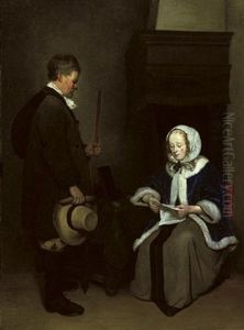 An Elegant Lady Reading A Letter With A Man Standing By by Gerard Ter Borch