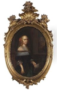 A Portrait Of A Lady Wearing A Black Dress With A Lace Collar And Cuffs Holding A Fan by Gerard Ter Borch