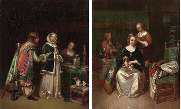 Ladies In An Interior Receiving A Letter From A Gentleman Caller (+ An Elegant Lady Seated At Her Table With A Dog On Her Lap, A Maid Tying Ribbons In Her Hair; Pair) - view 1