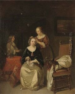 An Elegant Lady Seated At Her Table With A Dog On Her Lap, A Maid Tying Ribbons In Her Hair An Elegant Lady Seated At Her Table With A Dog On Her Lap, A Maid Tying Ribbons In Her Hair