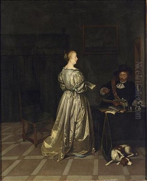 An Interior With A Lady Taking Singing Lessons From A Gentleman, A Sleeping Dog In The Foreground - view 1
