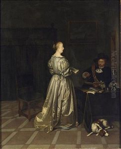 An Interior With A Lady Taking Singing Lessons From A Gentleman, A Sleeping Dog In The Foreground by Gerard Ter Borch