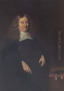 A Portrait Of Andries De Graeff, Burgomaster Of Amsterdam, Wearing A Black Suit And White Collar, Beside A Desk With A Book