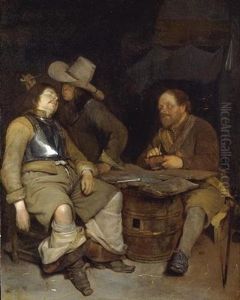 A Guard Room Interior With A Soldier Blowing Smoke In The Face Of His Sleeping Companion, A Third Looking On by Gerard Ter Borch