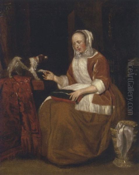 A Lady Seated In An Interior, With A Dog On A Partly Draped Table - view 1