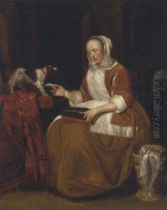 A Lady Seated In An Interior, With A Dog On A Partly Draped Table A Lady Seated In An Interior, With A Dog On A Partly Draped Table