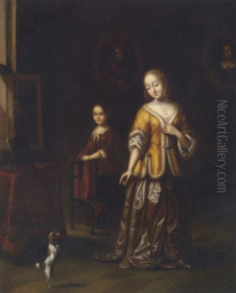 A Lady In An Elegant Interior With A Dog And A Maid - view 1