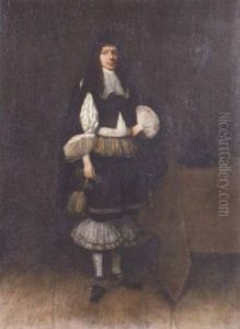 Portrait Of A Gentleman In Black Costume With A White Chemise, Cuffs And Collar, By A Table With A Hat by Gerard Ter Borch