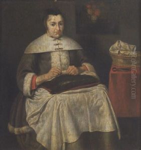 A Lady Seated Sewing, Her Basket And Scissors Beside Her by Gerard Ter Borch
