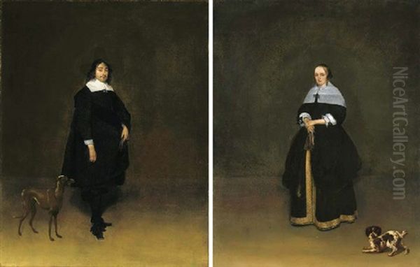 Portrait Of A Gentleman In Black Costume With A Sash And White Collar And Cuffs, His Gloves In His Left Hand, A Whippet At His Side - view 1