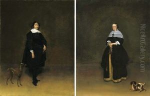 Portrait Of A Gentleman In Black Costume With A Sash And White Collar And Cuffs, His Gloves In His Left Hand, A Whippet At His Side by Gerard Ter Borch