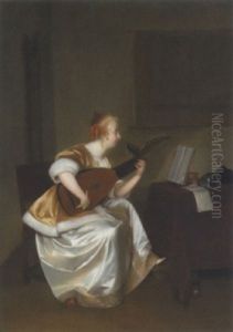 Woman Playing A Lute by Gerard Ter Borch