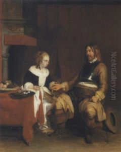 A Soldier Offering A Young Woman Coins by Gerard Ter Borch