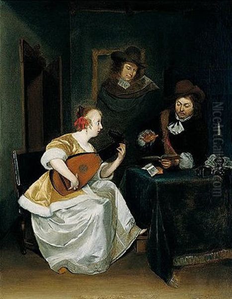 An Interior With Two Gentlemen And A Lady Playing A Lute - view 1