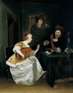 An Interior With Two Gentlemen And A Lady Playing A Lute by Gerard Ter Borch
